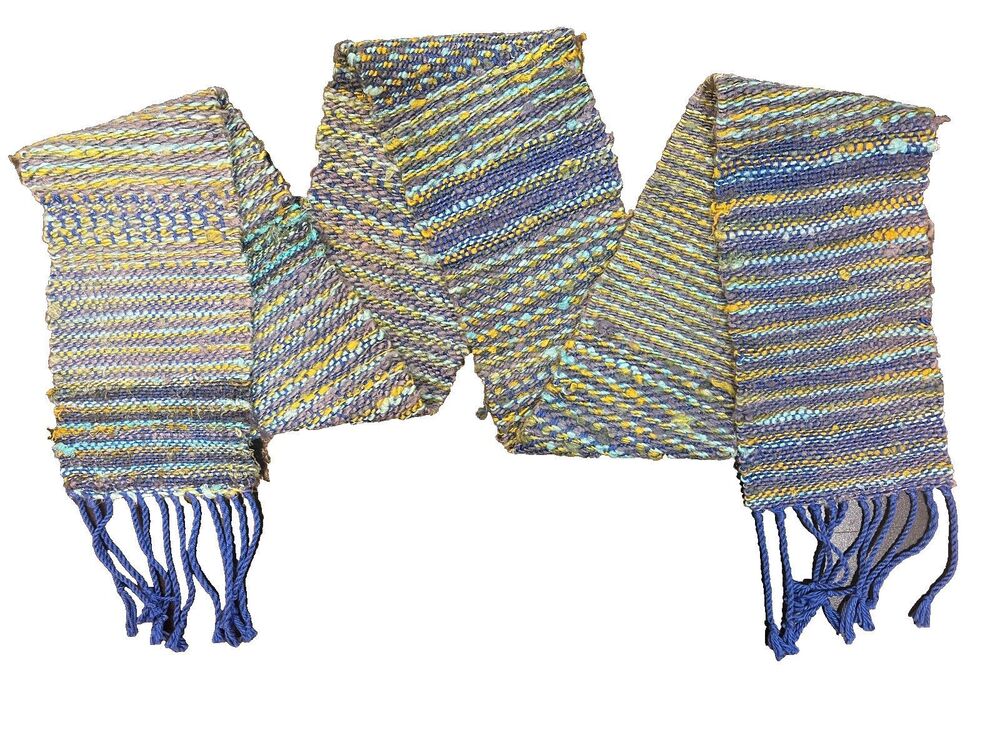 Handwoven Cotton Scarf Stripe Pattern Blue Purple Yellow Twisted Fringe 6"x 69"